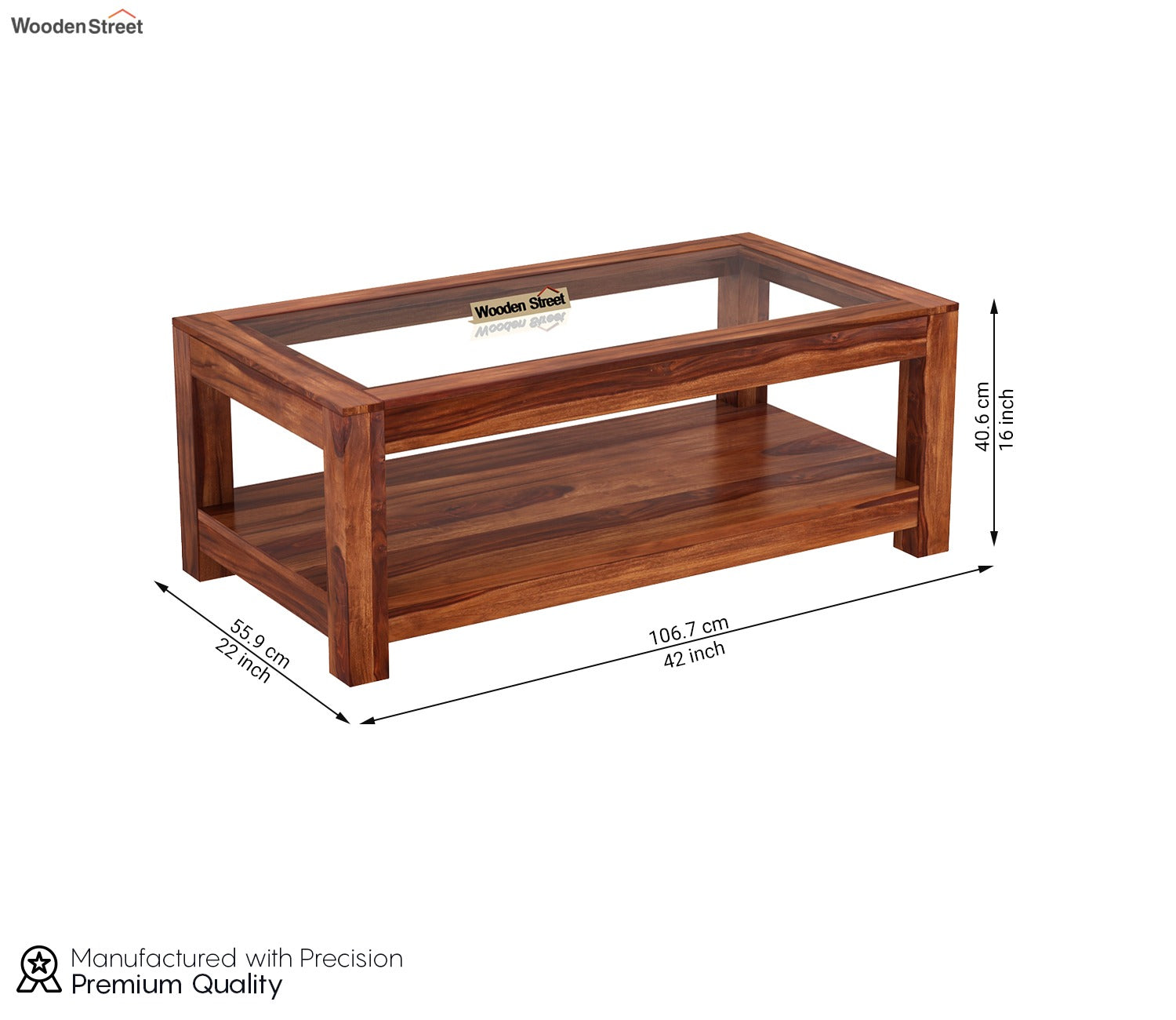 Arno Glass Top Coffee Table (Honey Finish) - Sheesham Wood, Open Storage Shelf, Pre-Assembled | Fits Standard 3-Seater Sofa