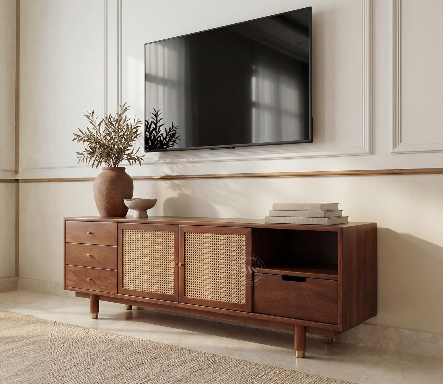 Eka Premium Mango Wood TV Unit with Natural Cane Detailing - Bohemian Contemporary Design (Teak Finish)