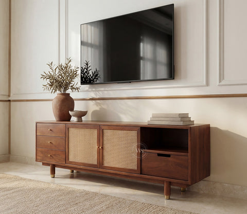 Eka Premium Mango Wood TV Unit with Natural Cane Detailing - Bohemian Contemporary Design (Teak Finish)