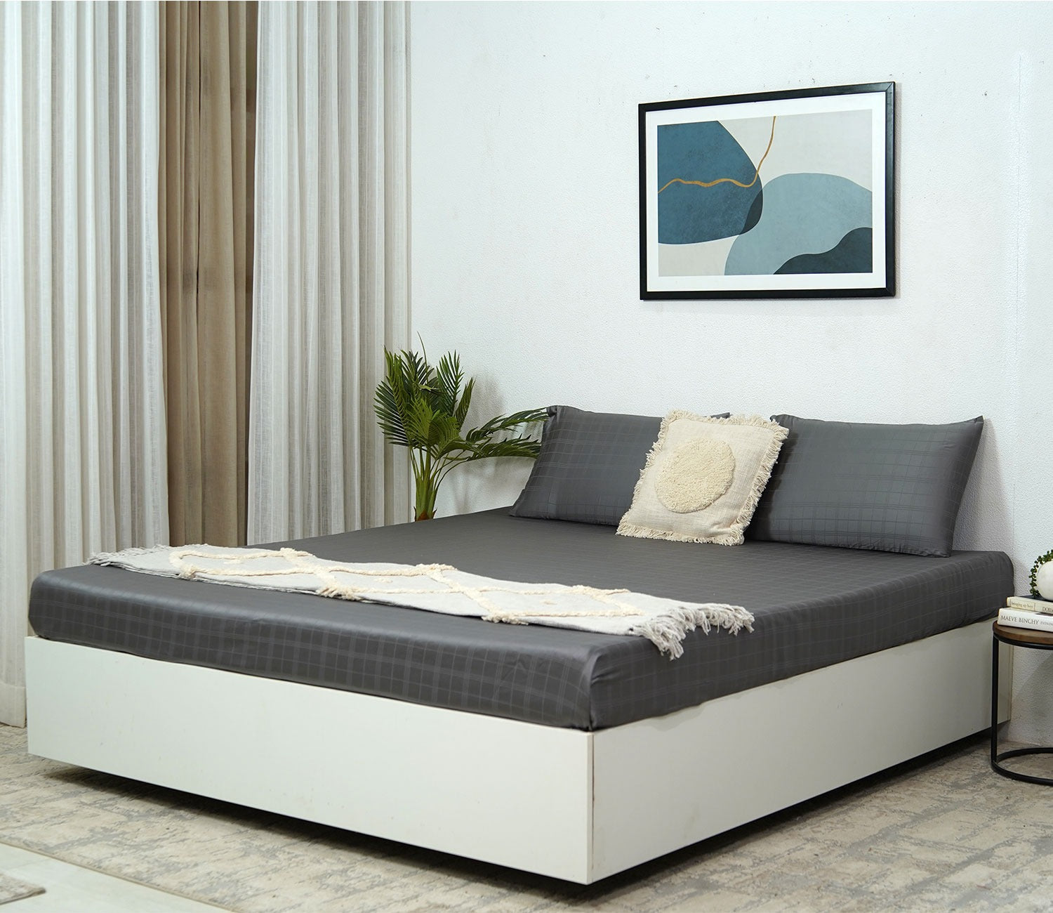Dobby Checks Organic Bamboo 300 TC 2 Pillowcases and 1 Fitted Bedsheet (Grey, King Size)