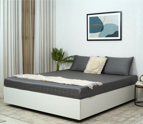 Dobby Checks Organic Bamboo 300 TC 2 Pillowcases and 1 Fitted Bedsheet (Grey, King Size)