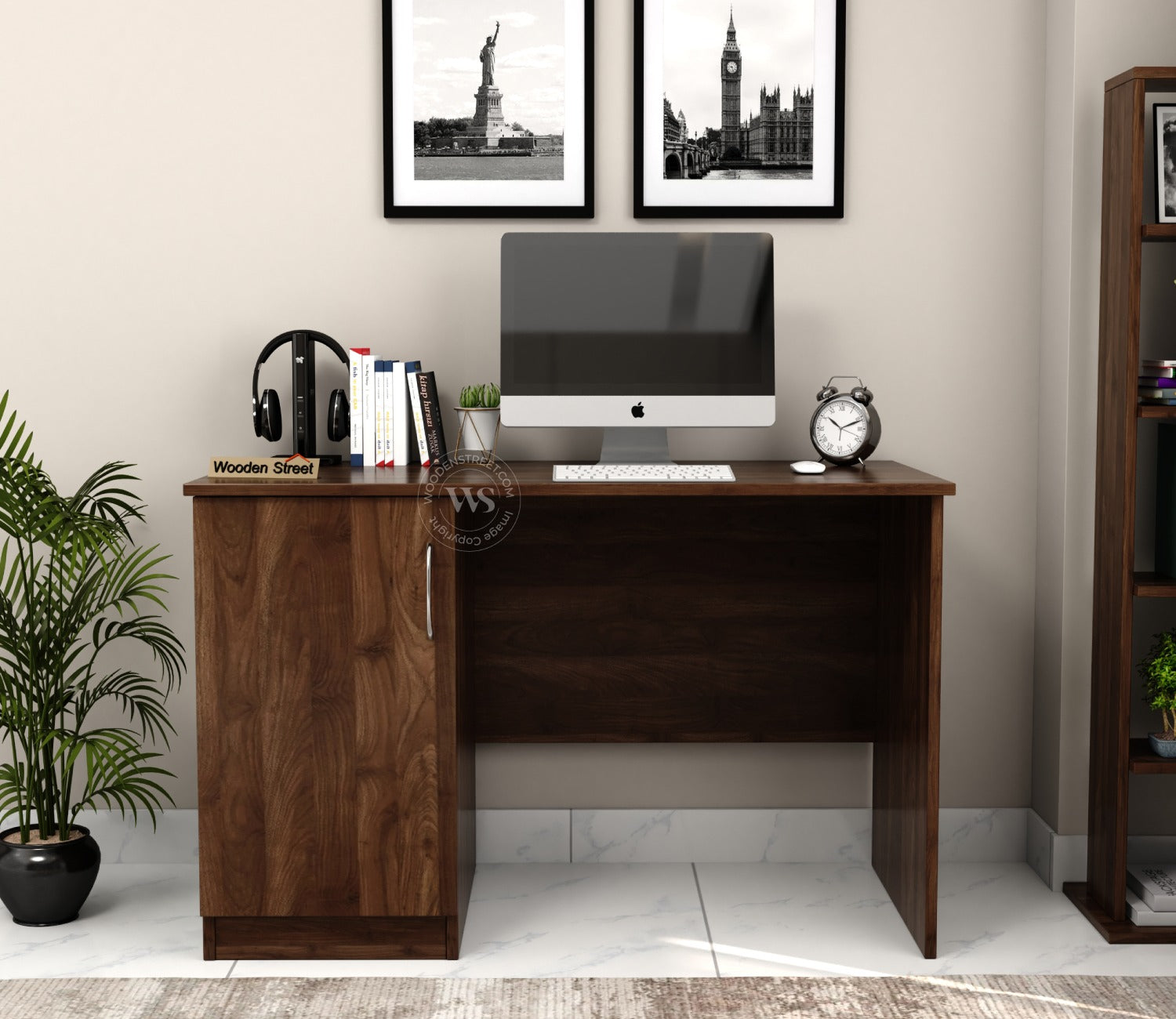 Arc Engineered Wood Study Table With 2 Layer Closed Storage Cabinet (Columbian Walnut Finish)