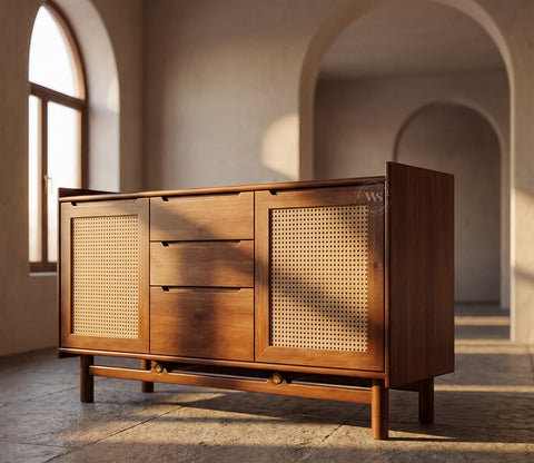 Ishana Mango Wood Designer Cabinet with Cane Detailing (Teak Finish)