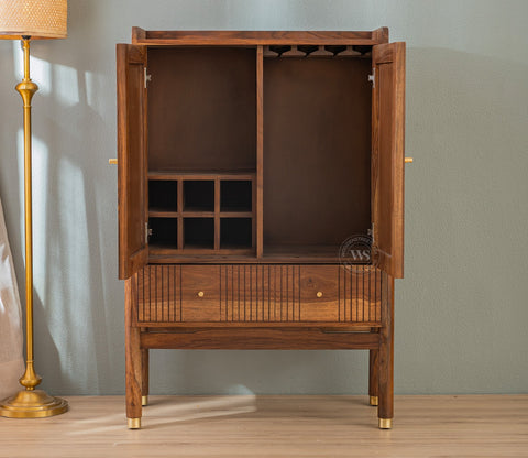 Amodh Sheesham Wood Bar Cabinet with Arched Cane Doors & Brass Handles (Teak Finish)
