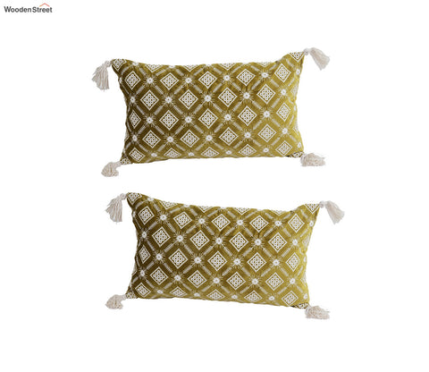 Super Soft Ethnic Design Set of 2 Embroidered Cushion Cover (Henna Green, 20 x 12 inches)
