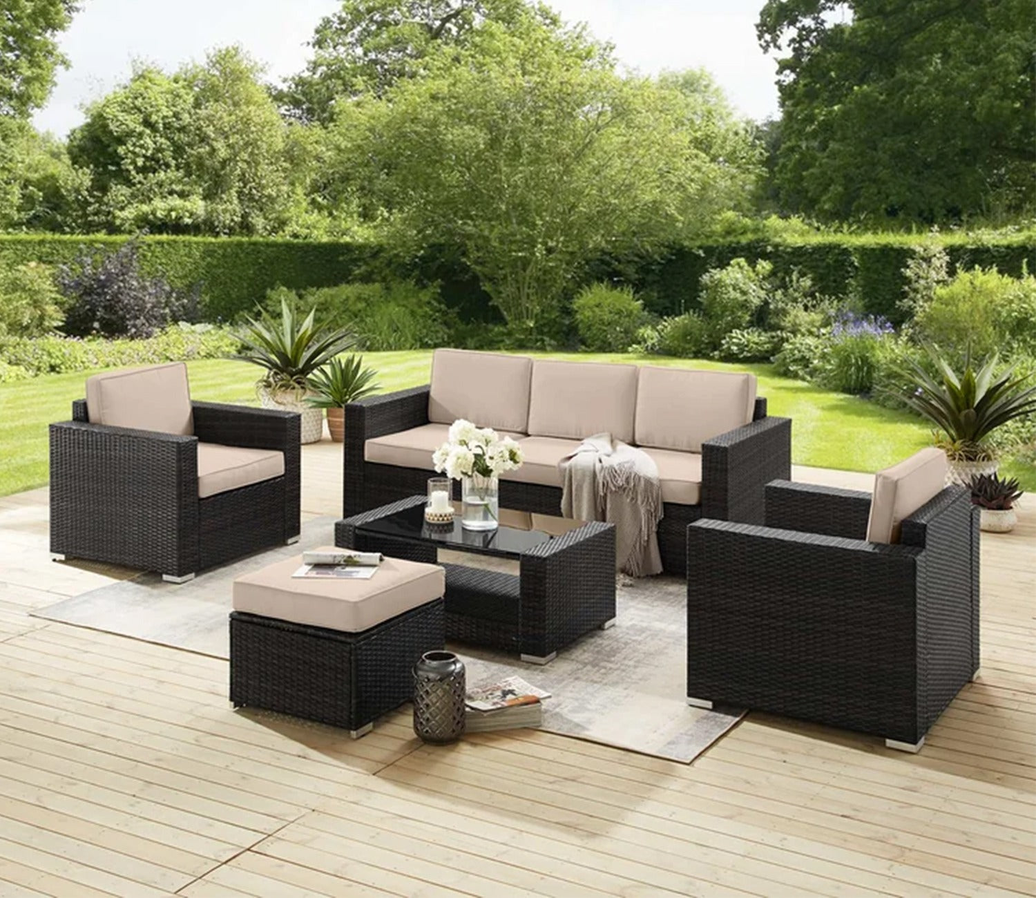 Dark Brown Rattan And Wicker Patio Set With Cream Cushions And Table