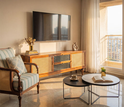 Murphy Premium Solid Wood TV Unit With Drawers, Cane & Brass Accents (Sheesham Wood, Teak Finish)