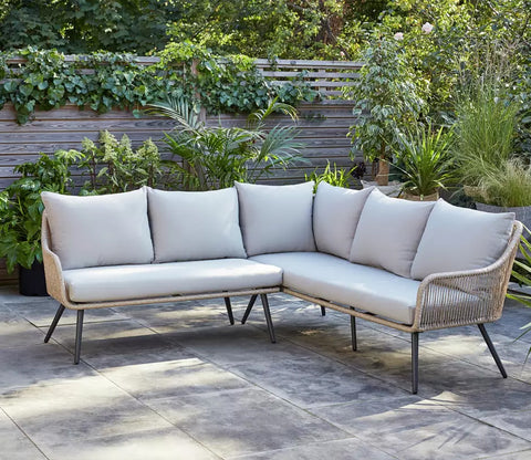 Beige Rope L Shape Sofa Set With Table And Light Grey Cushions