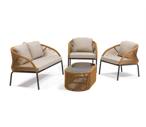 Golden Rope 4 Seater Sofa Set With Table And Off White Cushions