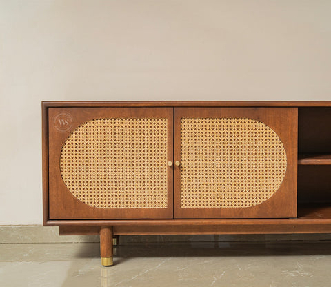 Gyana Premium Solid Wood TV Unit with Cane Panel Cabinet (Mango Wood, Teak Finish)