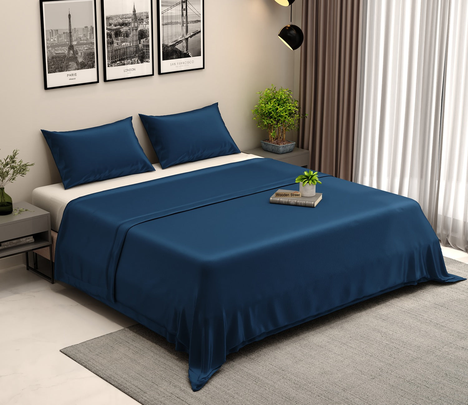 Vegan Bamboo Silk Bedsheet 300 TC Naturally Anti-Bacterial Queen Bedsheet with 2 Pillow Cover (Navy Blue)