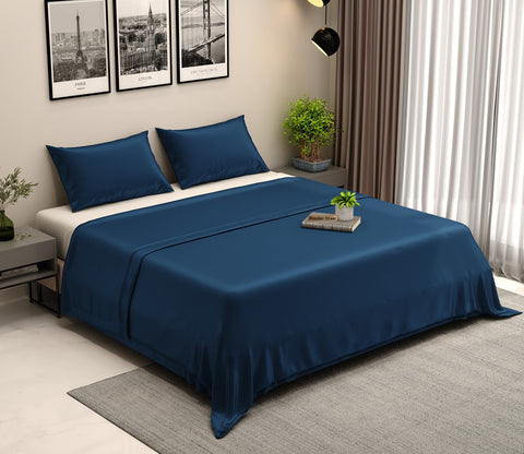 Vegan Bamboo Silk Bedsheet 300 TC Naturally Anti-Bacterial Queen Bedsheet with 2 Pillow Cover (Navy Blue)