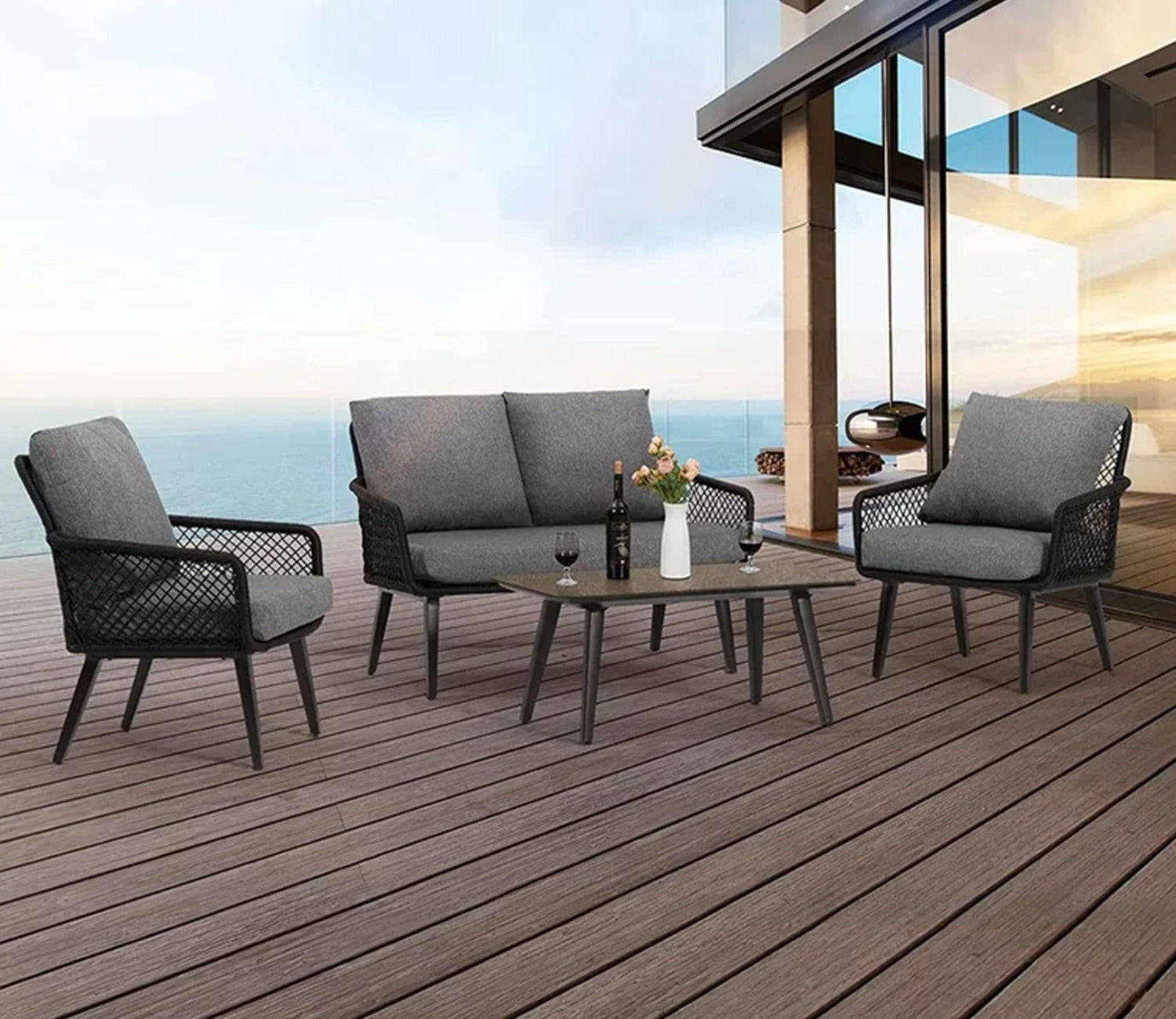 Black Rope 4 Seater With Table And Grey Cushions