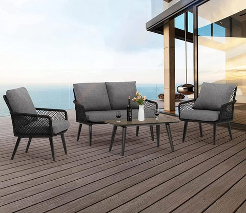 Black Rope 4 Seater With Table And Grey Cushions