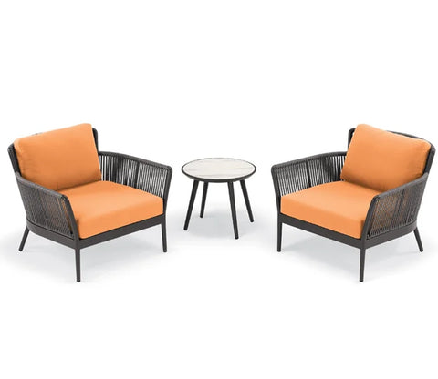 Grey Rope 2 Seater Chair With Table And Orange Cushions Balcony Set