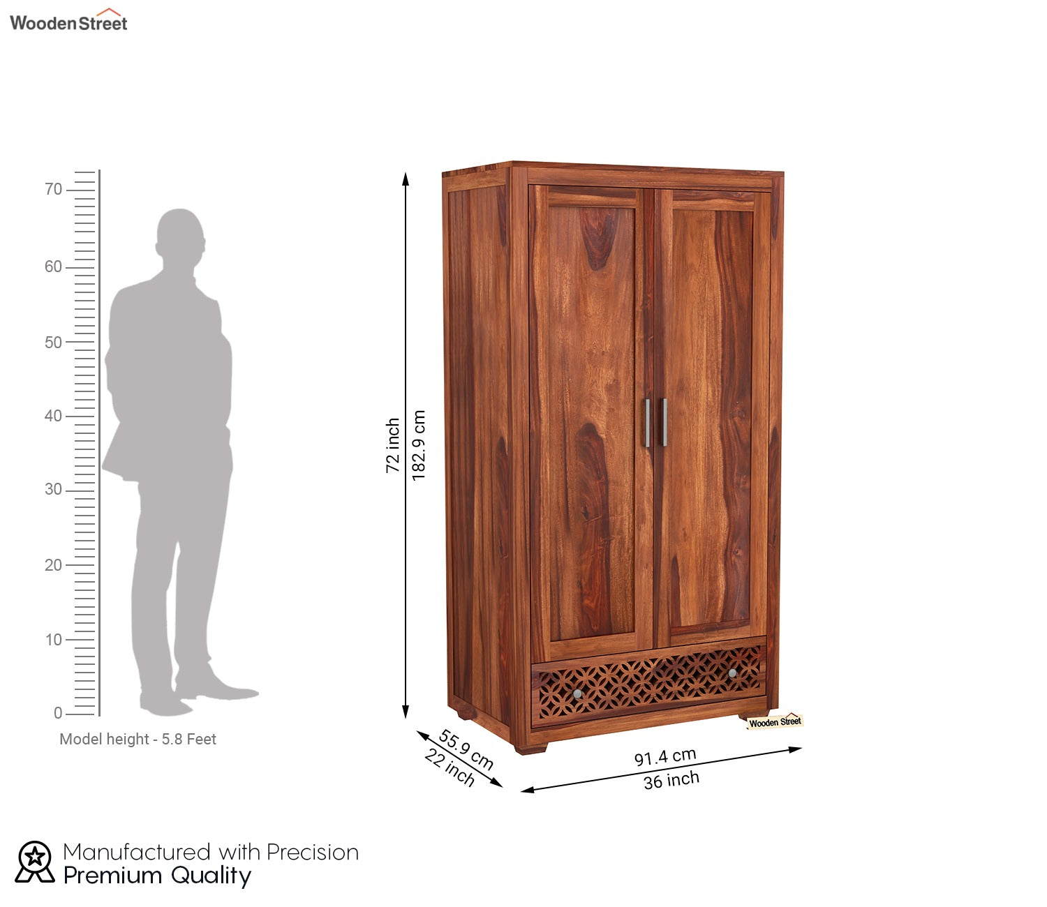 Cambrey Sheesham Wood Double Door Wardrobe (Honey Finish)