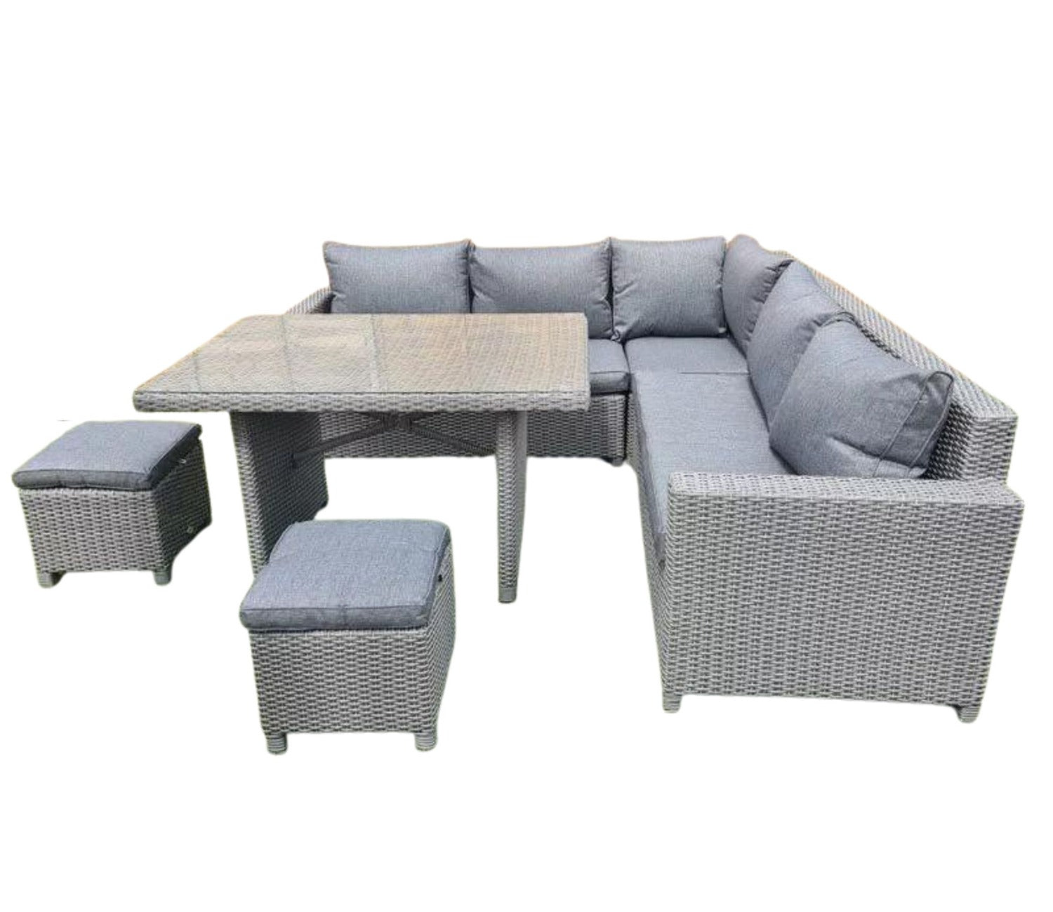Grey Rattan And Wicker 7 Seater Patio Set With Table And Grey Cushions