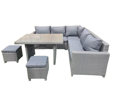 Grey Rattan And Wicker 7 Seater Patio Set With Table And Grey Cushions