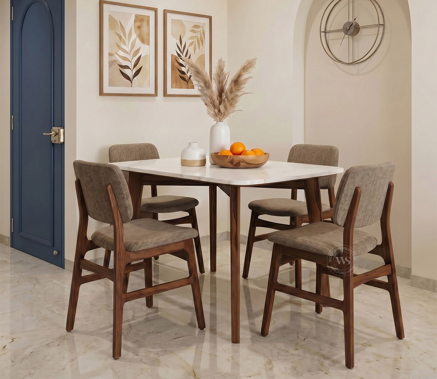 Vivara 4 Seater Dinining Set with Valence Quartz-Top Table and Vinara Upholstered Chair (Sand Brown)