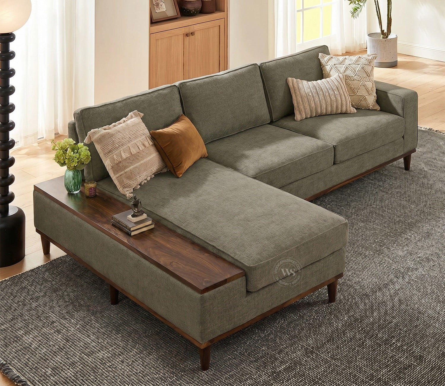 Ashion Premium Left Aligned L Shape Sofa with Built-in Side Wooden Deck (Sage Green)