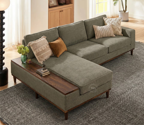 Ashion Premium Left Aligned L Shape Sofa with Built-in Side Wooden Deck (Sage Green)