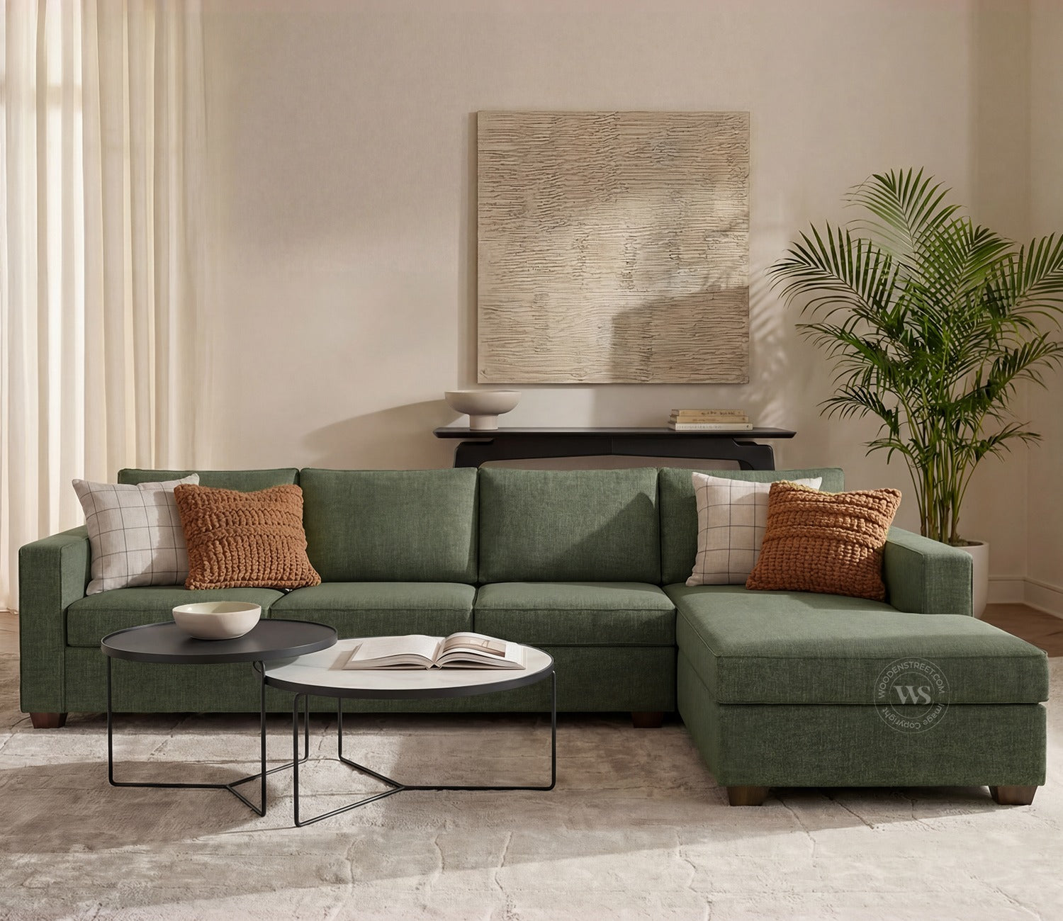 Albus L-Shape 5 Seater Right Aligned Sofa (Cotton, Sage Green)