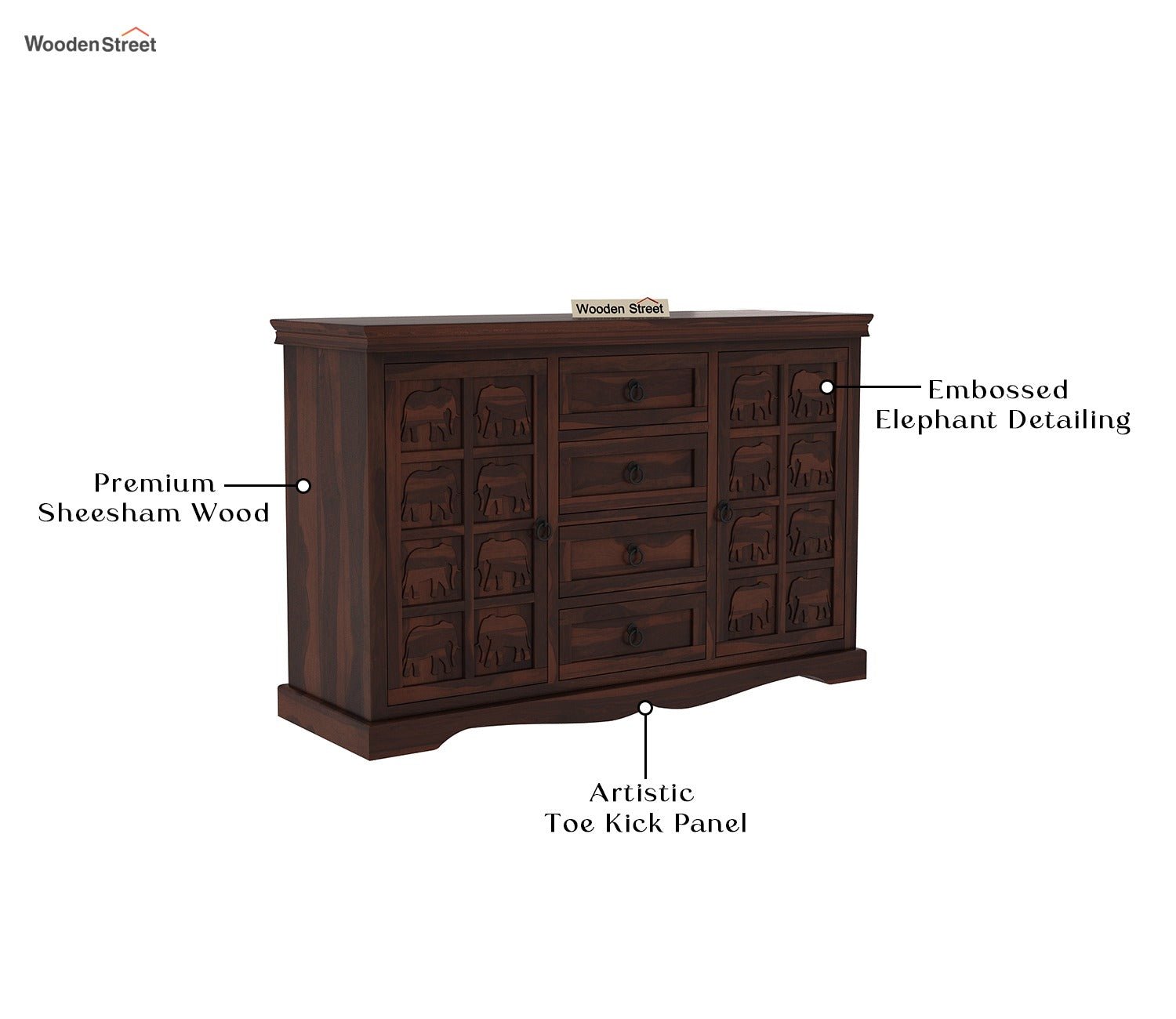 Emboss Sheesham Wooden Cabinet and Sideboard (Walnut Finish)