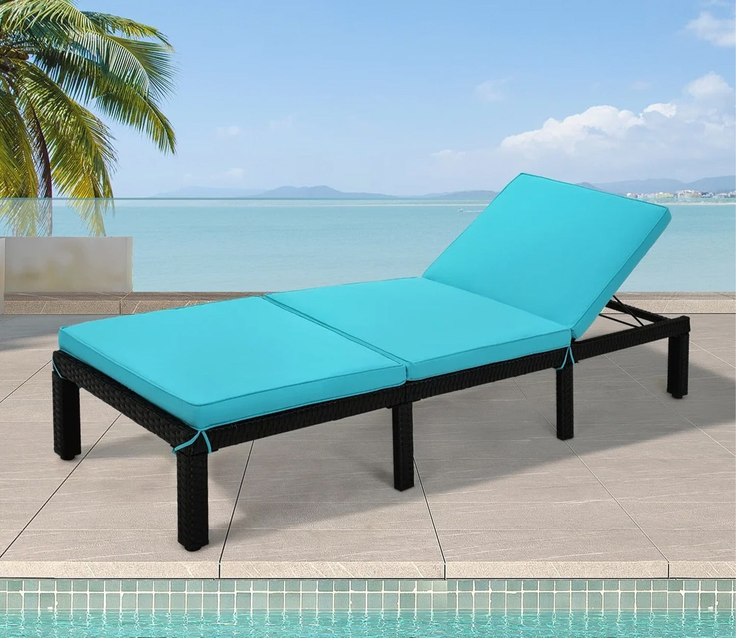 Dark Brown Adjustable Outdoor Patio Lounger With Sky Blue Cushions