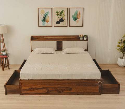 Wildon Premium Sheesham Wood Bed with Cushioned Headboard and Drawer Storage (Queen Size, Teak Finish)