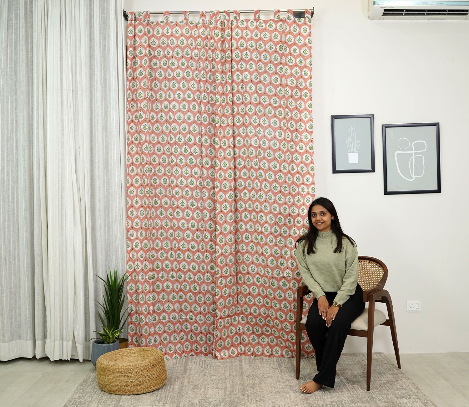 Floral Large Butah 1 Piece Long Door Curtain (Peach, 9 Feet)