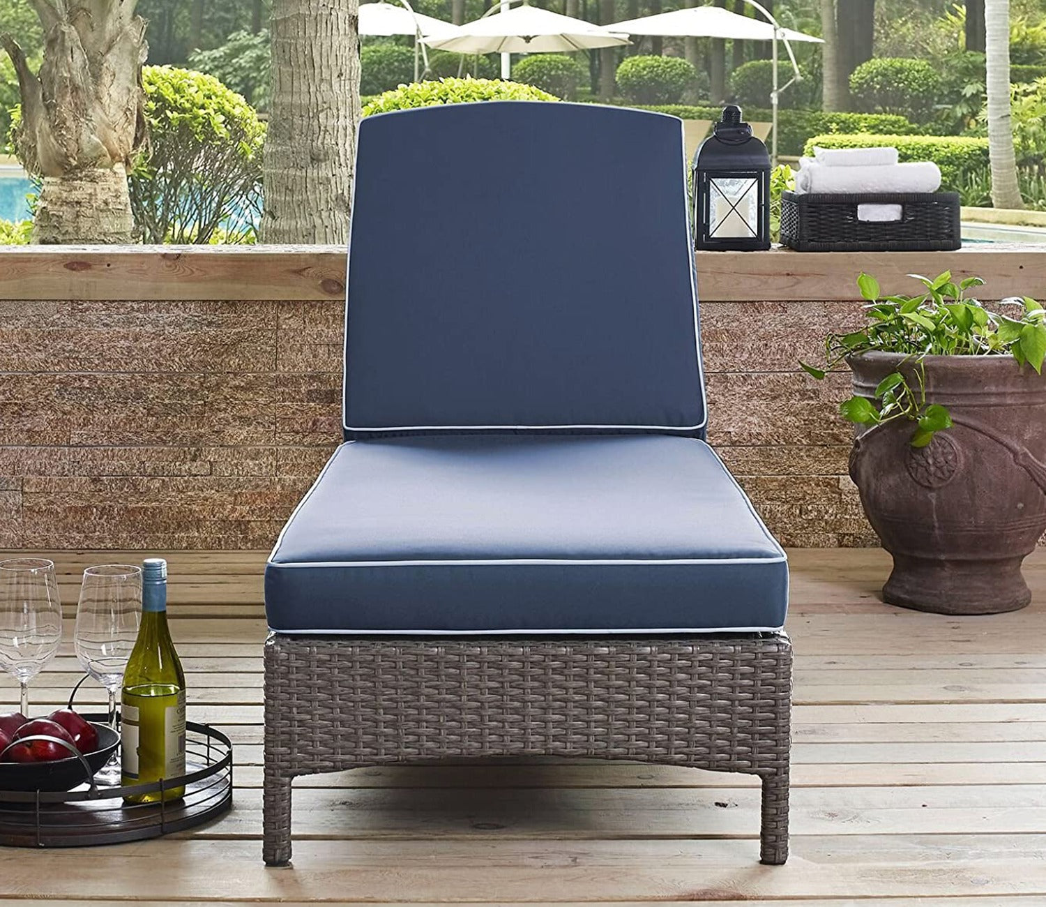 Dark Brown Adjustable Outdoor Patio Lounger With Navy Blue Cushions