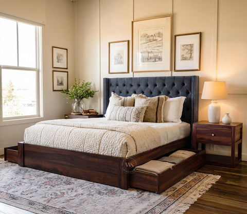 Drewno Sheesham Wood Upholstered Bed With Storage (King Size, Graphite Grey)