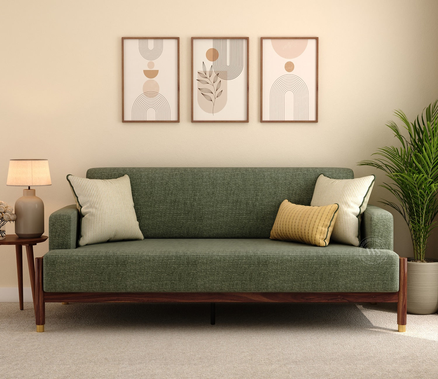 Kairav Modern 3 Seater Wooden Sofa with Premium Upholstery (Sage Green)
