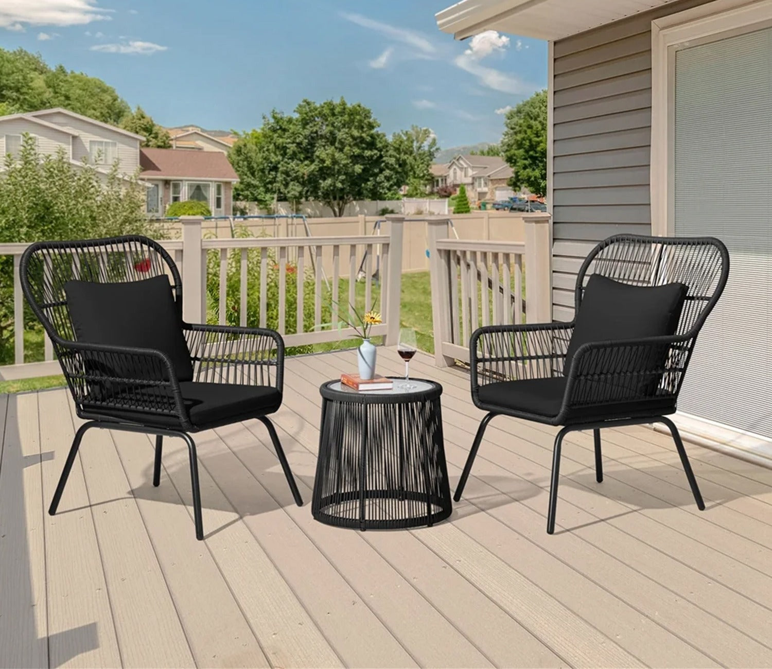 Black Rope 2 Seater Chair With Table And Black Cushions Patio Set