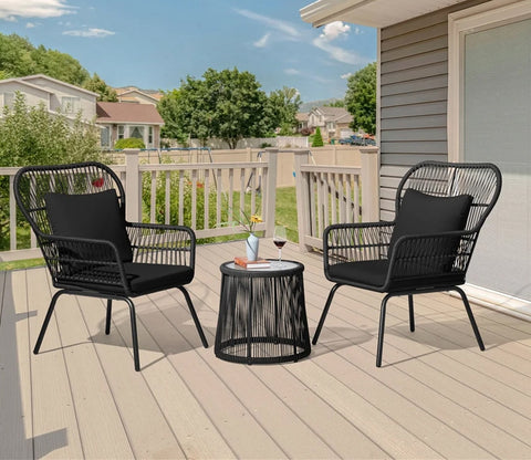 Black Rope 2 Seater Chair With Table And Black Cushions Patio Set