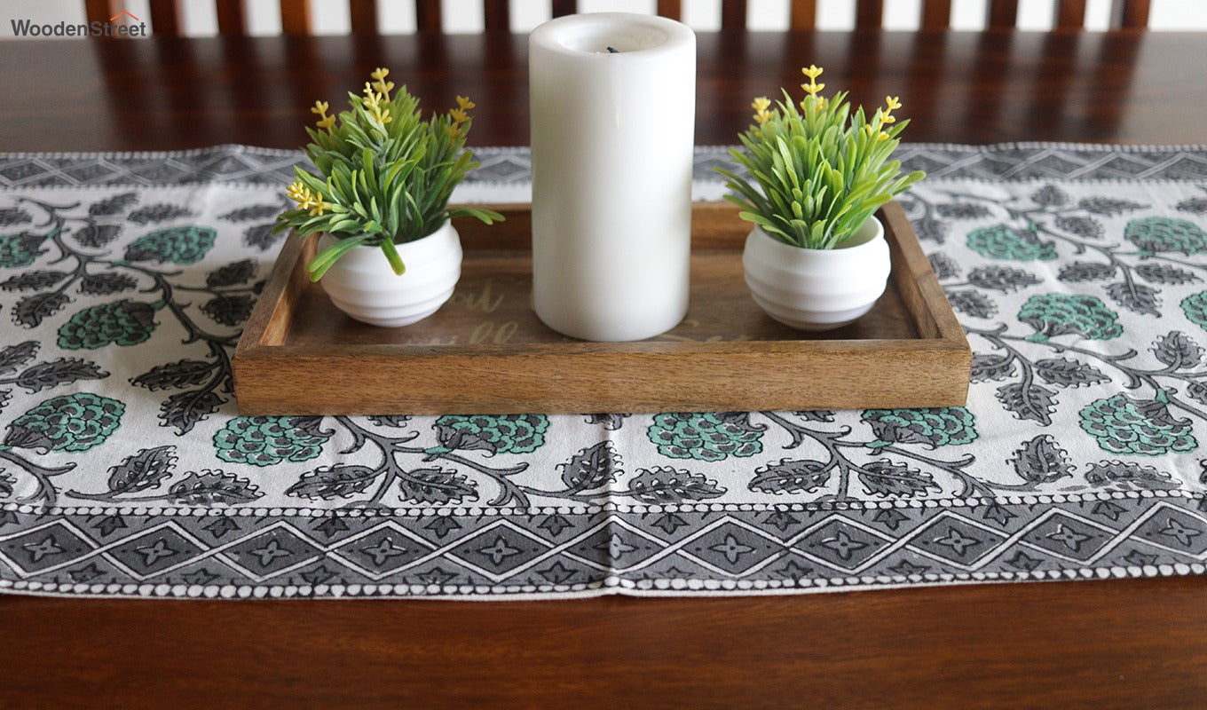 Vivid Garden Green and Black Hand Block Print Table Runner - 16 x 50