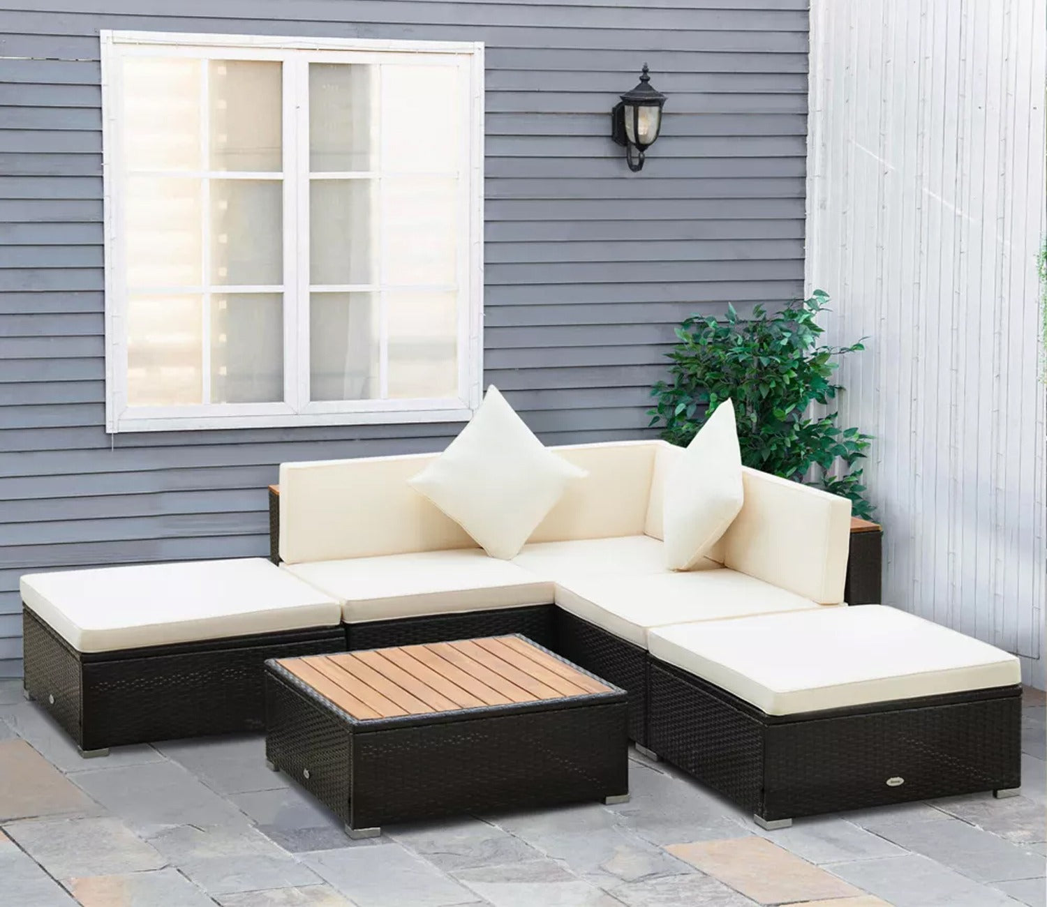 Black Rattan And Wicker 5 Seater Patio Set With Table And Cream Cushions
