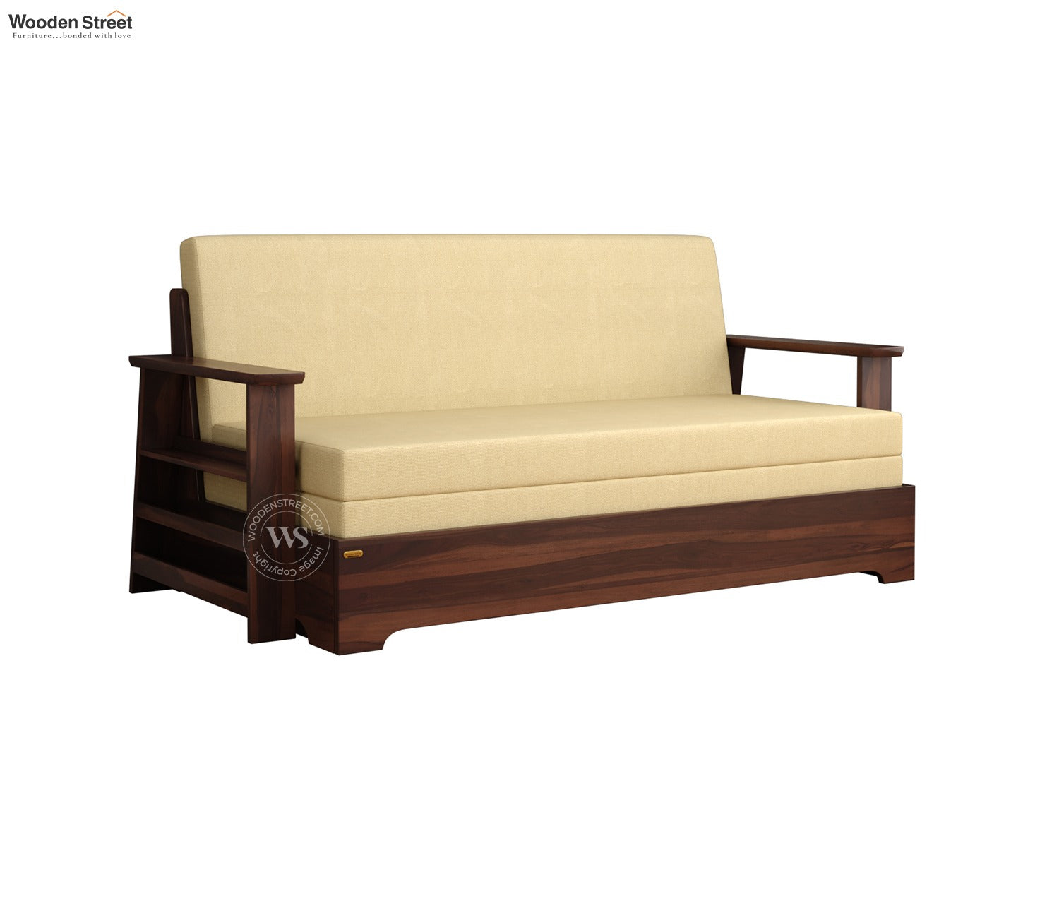 Della Sheesham Wood Sofa Cum Bed With Armrests (Walnut Irish Cream)