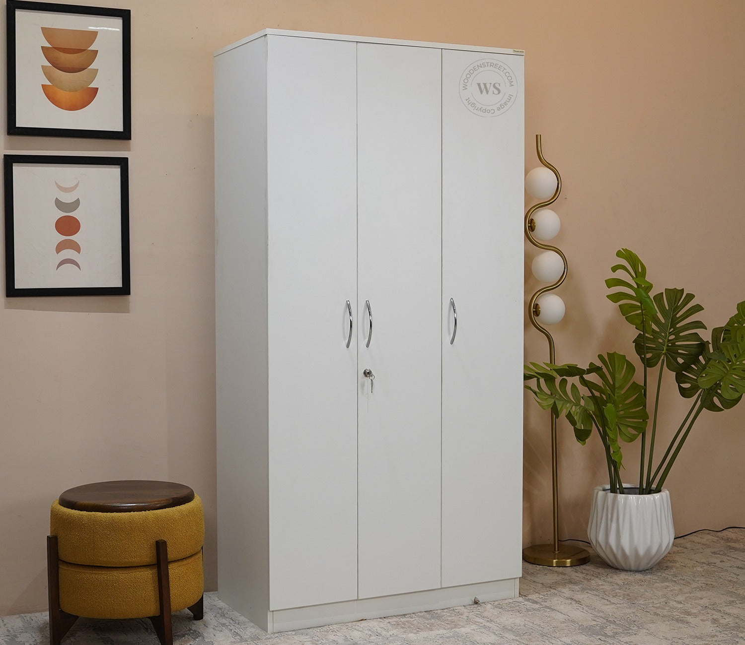 Kayden 3 Door Multi Utility Wardrobe With Lock (Frosty White Finish)