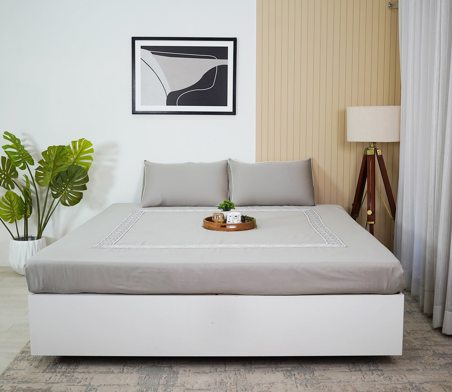 Square Embroidery 300 TC Flat Pure Cotton King Size Bedsheet With 2 Pillow Covers (Grey)