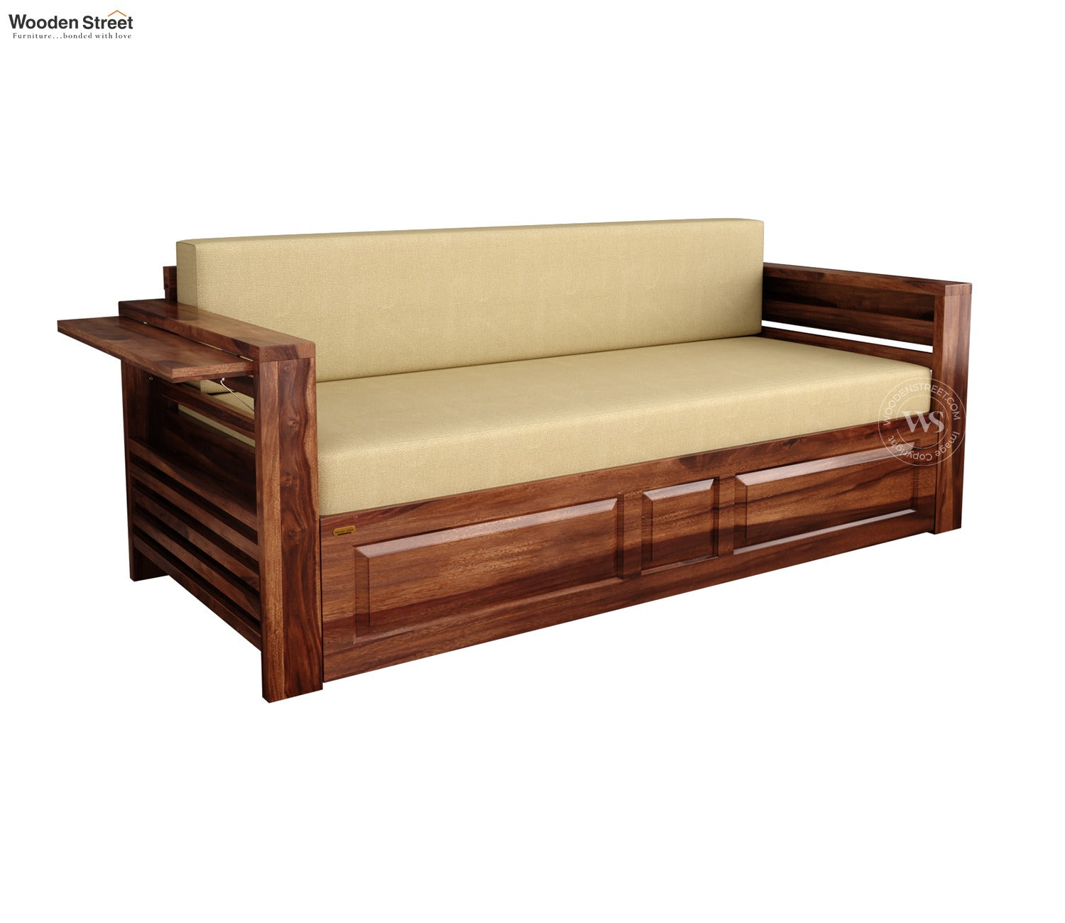 Feltro Sheesham Wood Sofa Bed With Storage (King Size, Honey Irish Cream)