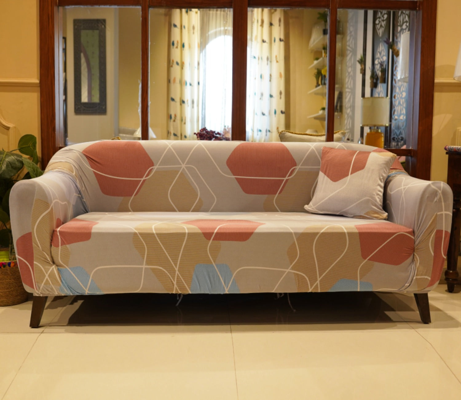 Agnus Modern Abstract Printed Polyester Spandex 3 Seater Sofa Cover (Multi Colour)