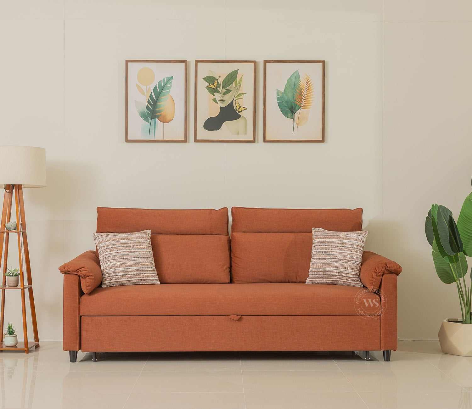 Bruna 3-Seater Convertible Sofa Cum Bed | Pull-Out Mechanism | Adjustable Backrest | Premium Fabric Upholstery | Space-Saving Design (Orange)