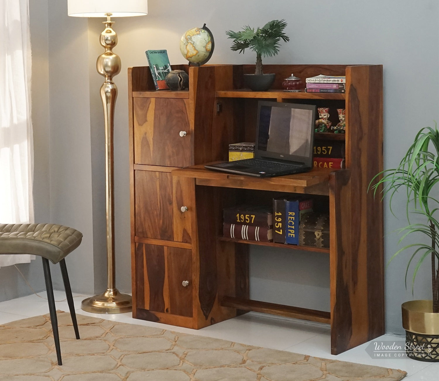 Candy Sheesham Wood Study Table with Three Cabinets & Open Shelves (Honey Finish)