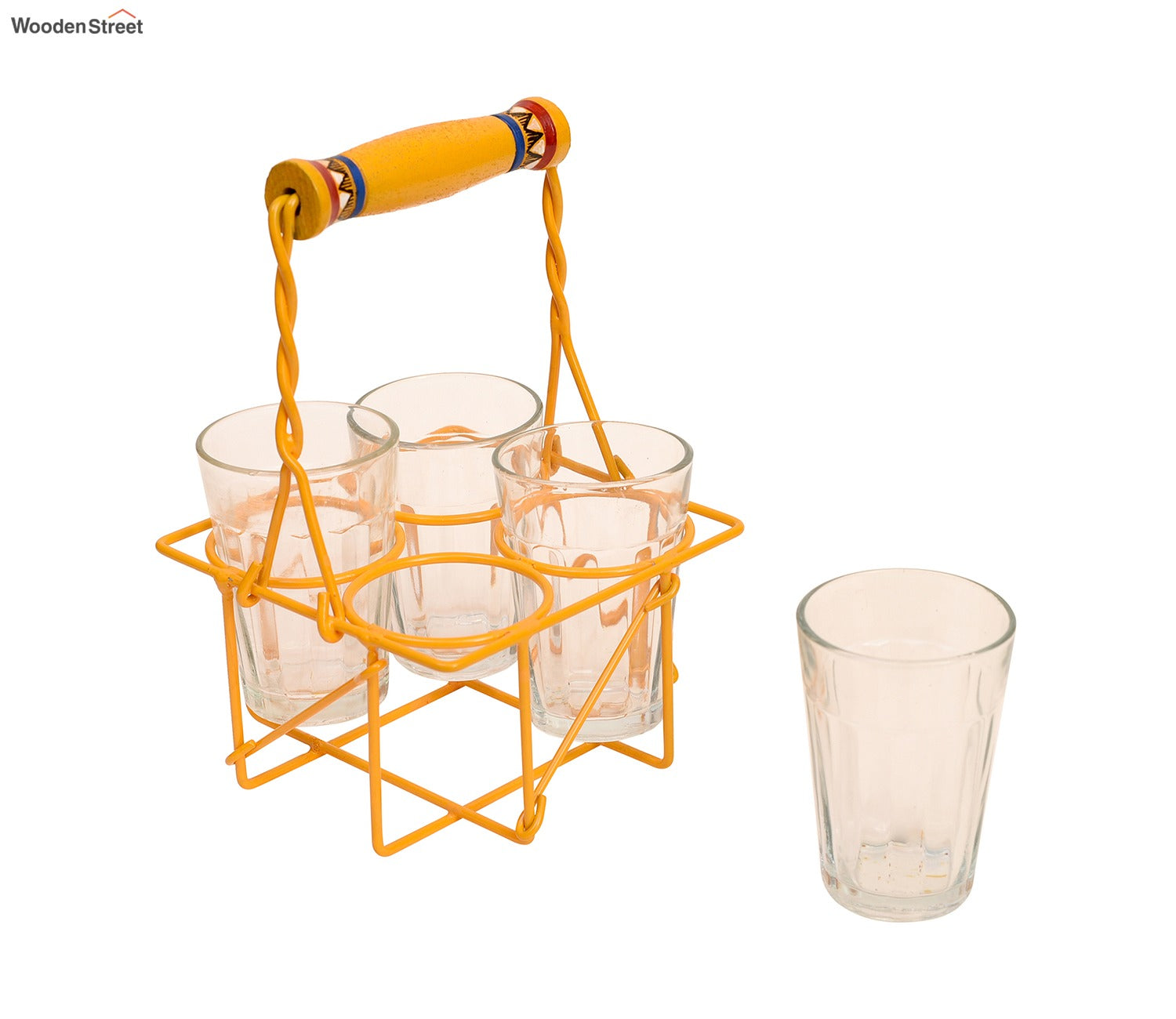 Cutting Chai in Yellow Handpainted Metal Stand - Set of 4