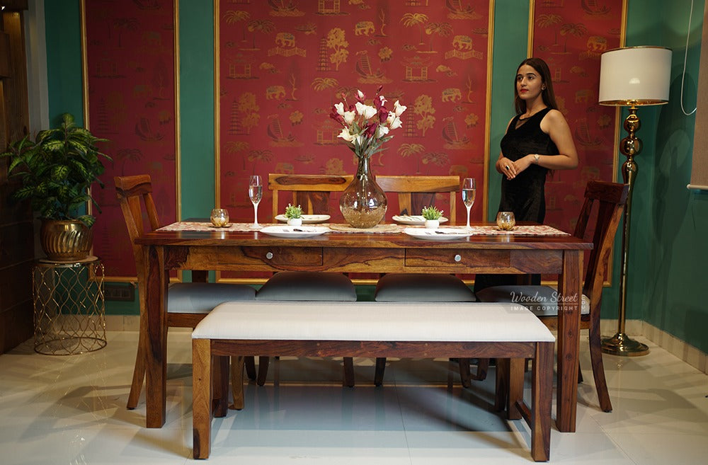 Mcbeth - Sofie Storage 6 Seater Dining Table Set With Mcbeth Bench (Honey Finish)