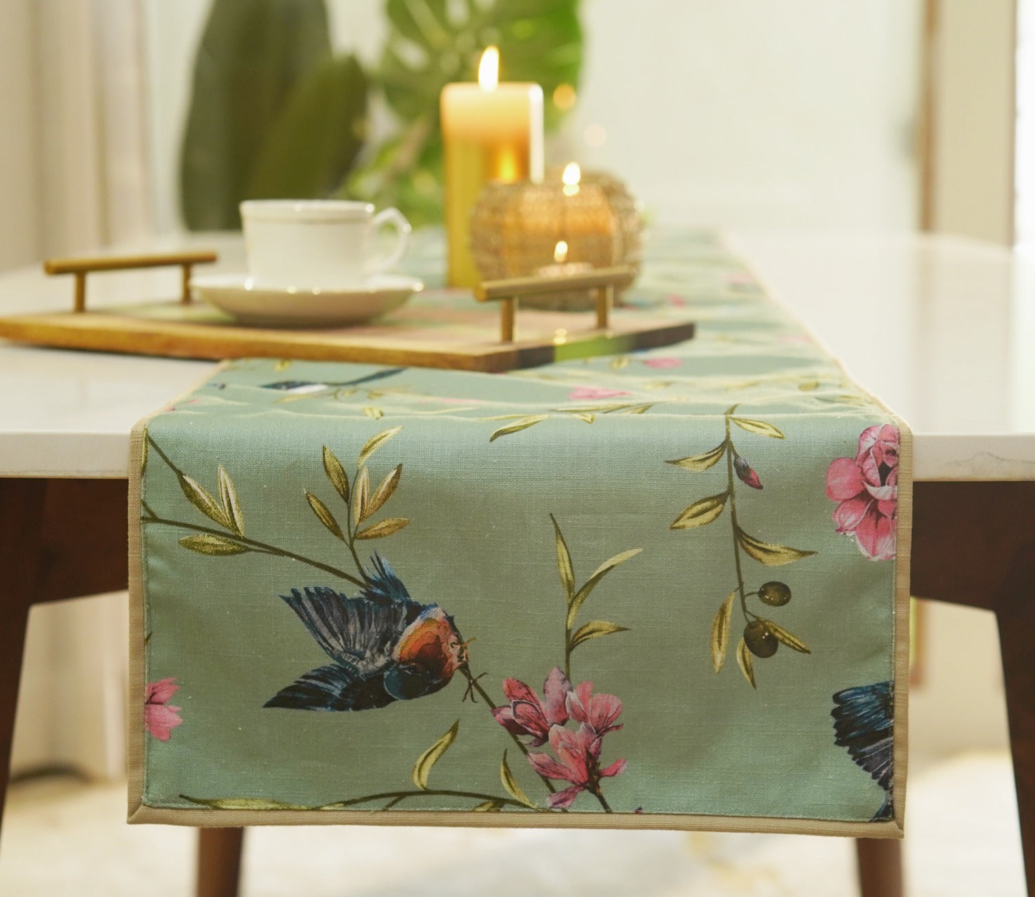 Bird on Branch Printed Cotton Table Runner (Teal, 13 x 72 Inches)