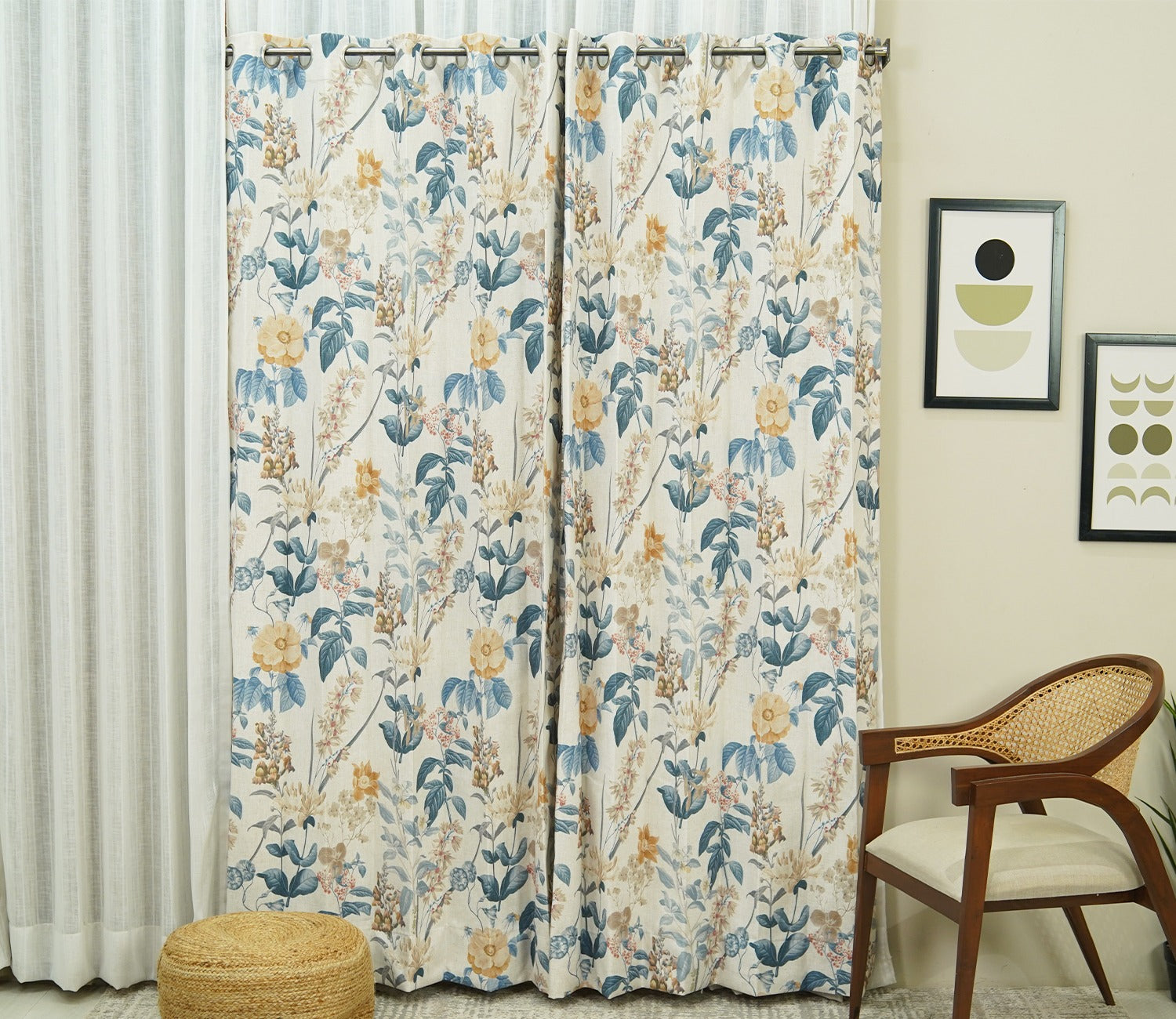 Leafy Floral Print Light-Filtering Door Curtains Set of 2 (Blue, 7 Feet)