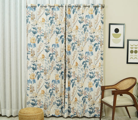 Leafy Floral Print Light-Filtering Door Curtains Set of 2 (Blue, 7 Feet)
