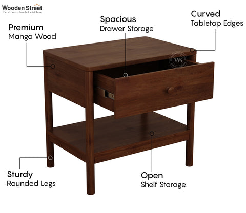 Palmier Mango Wood Bedside Table with Drawer & Open Shelf (Teak Finish)